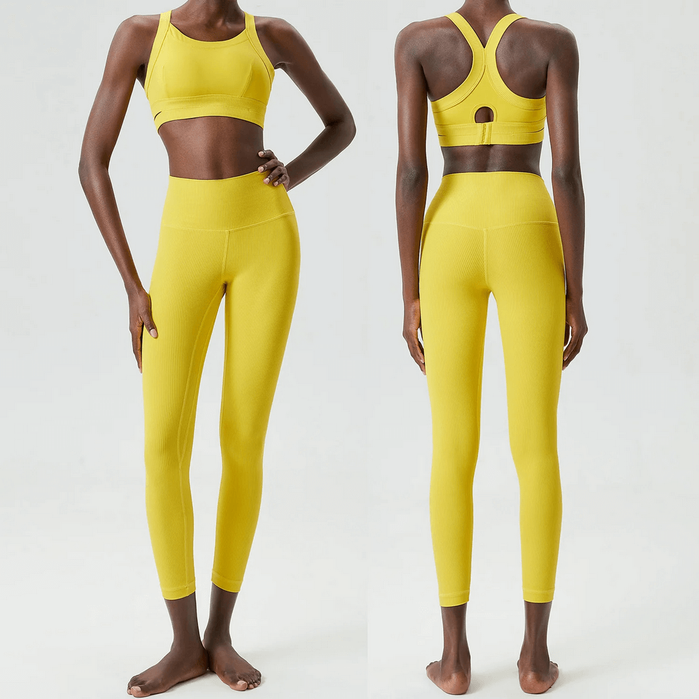 Sleek Stretch Fitness Yoga Set for Women SF2088 in vibrant yellow, offering a slim fit and flexibility for high-impact workouts.